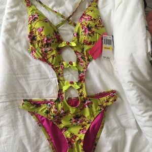 NWT Betty Johnson lime green & pink monokini